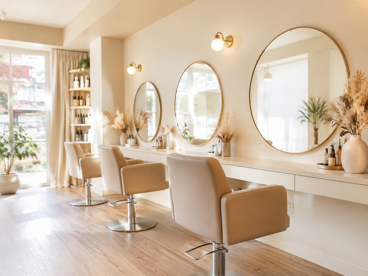 Bright salon interior with round mirrors, cream chairs and dried flowers