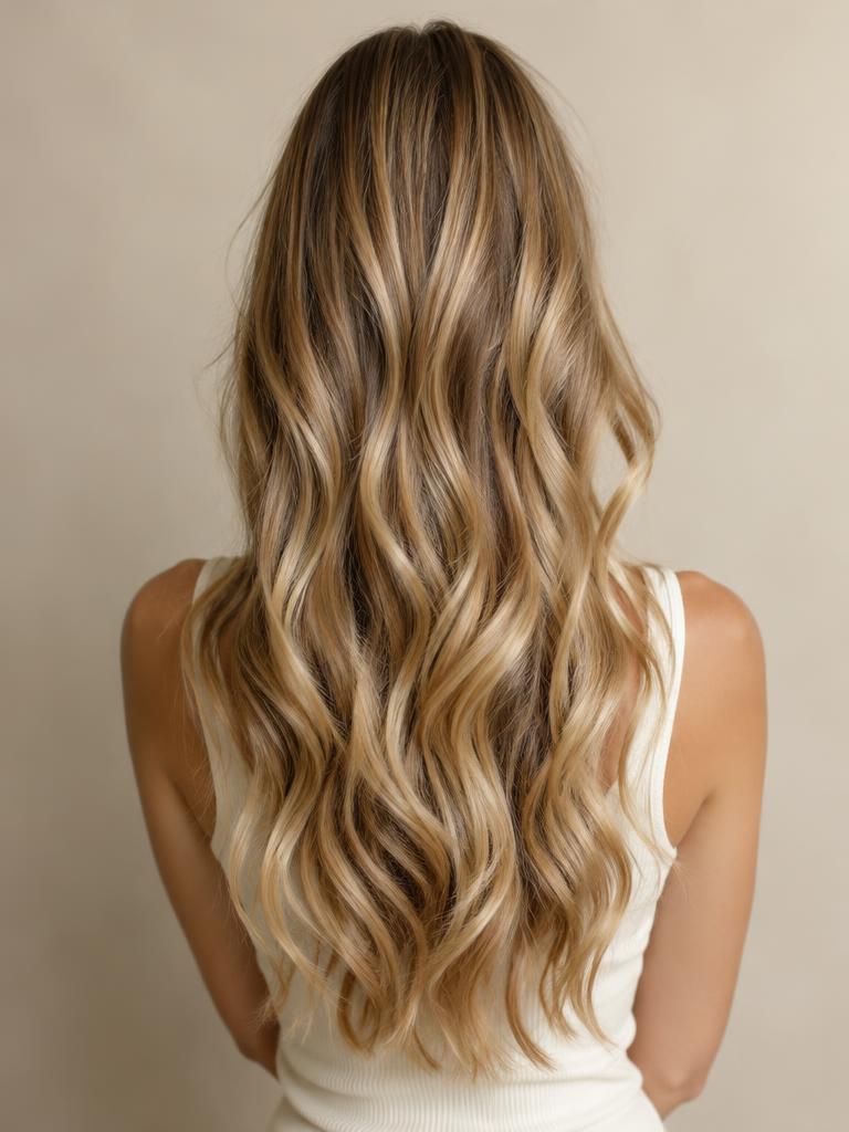 Long honey blonde balayage in soft waves, seen from behind