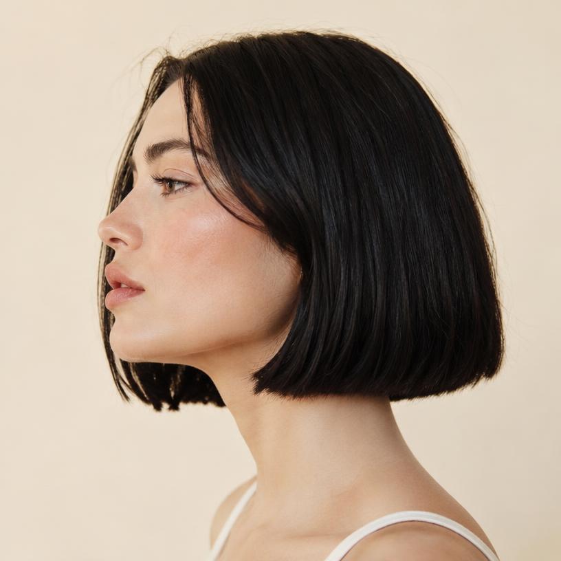 Sleek chin-length black bob in side profile