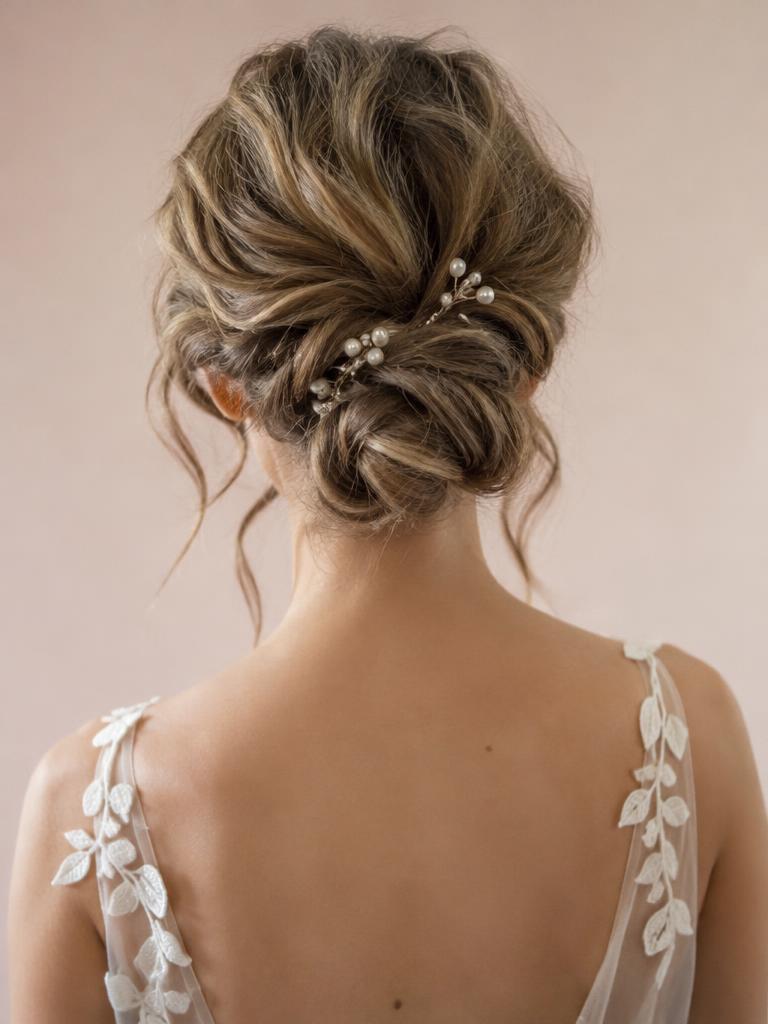 Low bridal chignon finished with pearl pins