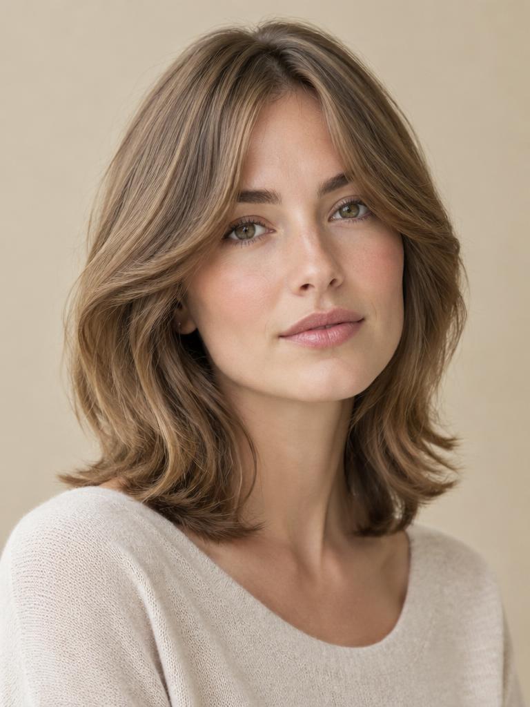 Shoulder-length layers with curtain bangs